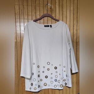 Susan Graver Weekend White Women's Boatneck Top with Metallic Circle Detail